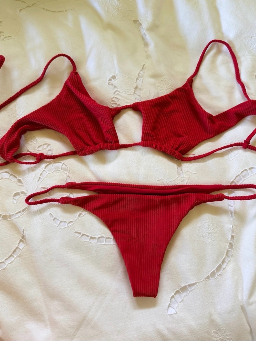 Frankie's Bikinis Red Ribbed Cutout String Bikini